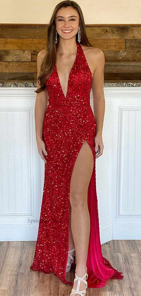 Sexy Halter Red Deep V-neck Mermaid Side-slit Long Sequin Prom Dress, PD3547