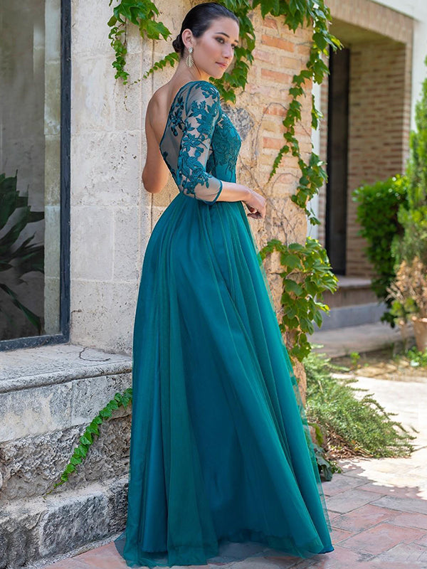 Sexy Lace Teal Green One-shoulder Side-slit A-line Long Prom Dress, PD3243