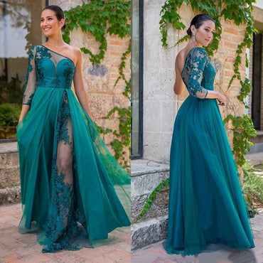 Sexy Lace Teal Green One-shoulder Side-slit A-line Long Prom Dress, PD3243