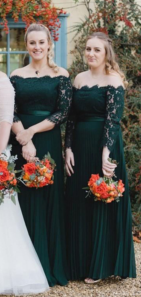 Sexy Lace Top Off-shoulder Hunter Green Sleeves A-line Long Bridesmaid Dresses, BD3143