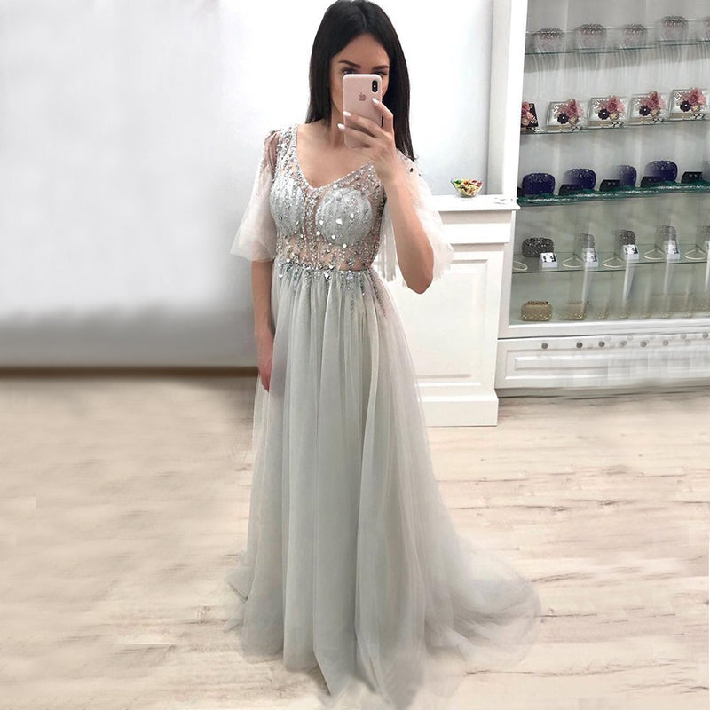 Sexy Light Gery Short Sleeves V-neck A-line Long Tulle Sequin Top Long Prom Dress, PD3283