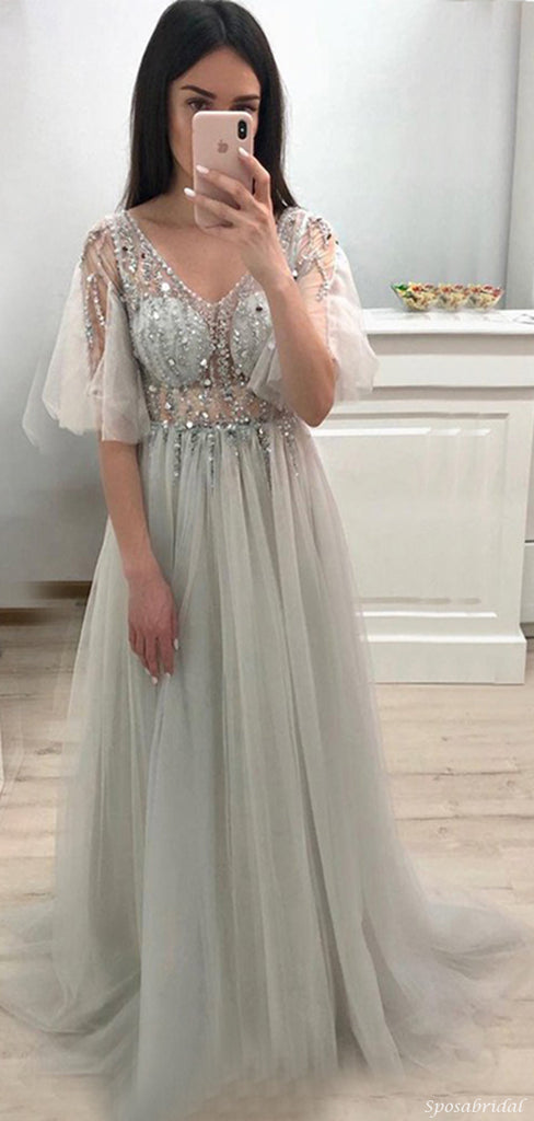 Sexy Light Gery Short Sleeves V-neck A-line Long Tulle Sequin Top Long Prom Dress, PD3283