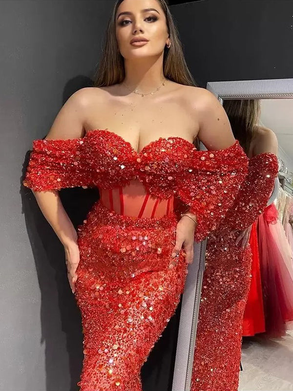 Sexy Off-shoulder Red Sparkly Sweetheart Mermaid Long Prom Dress, PD3432