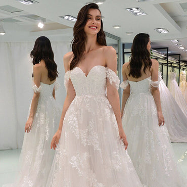 Sexy Off-shoulder Sweetheart Full Appliques Long A-line Wedding Dress, WD3048