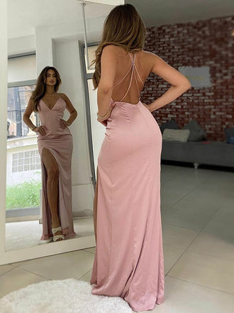 Sexy Pink Spaghetti Straps Open Back V-neck Mermaid Side-slit Long Prom Dress, PD3504