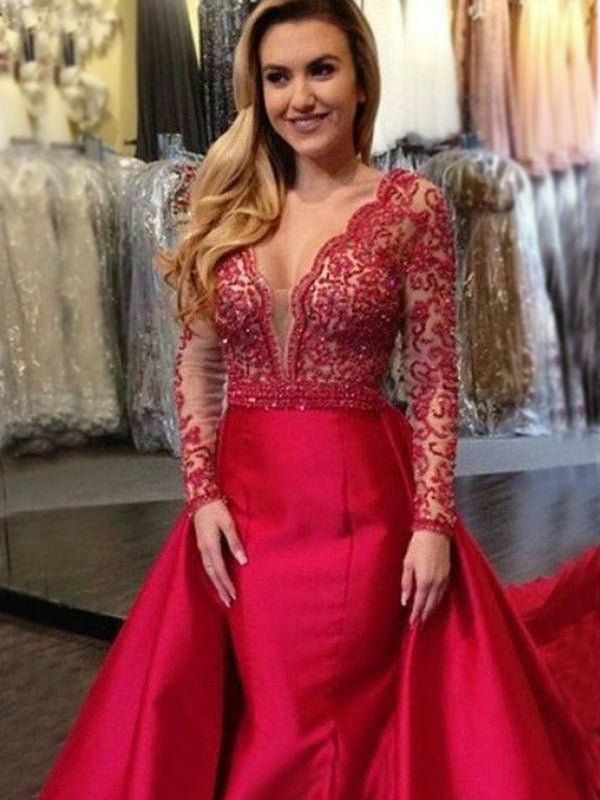 Sexy Red V-neck Lace Top Open Back Mermaid Detachable Long Prom Dress, PD3244