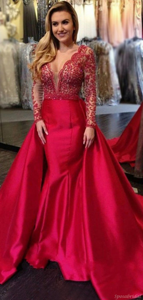 Sexy Red V-neck Lace Top Open Back Mermaid Detachable Long Prom Dress, PD3244