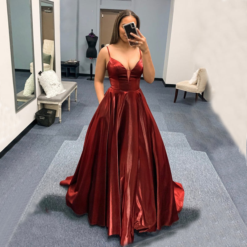 Sexy Spaghetti Straps Shiny Dark Red A-line Long Prom Dress, PD3376