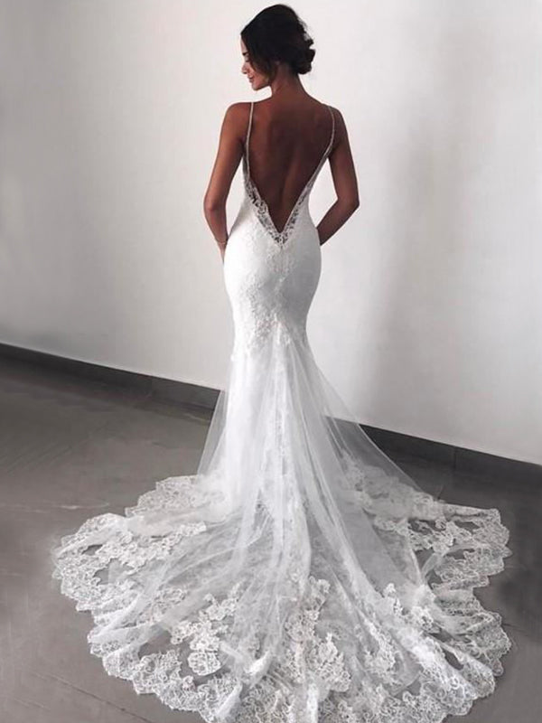 Sexy Spaghetti Strap V-neck Lace Open-back Long Tail Mermaid Wedding Dress, WD3066