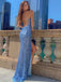 Sexy Sparkling Sequin Blue Spaghetti Straps Open Back Side-slit Mermaid Long Prom Dress, PD3525