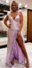 Sexy Sparkly Lilac V-neck Feather Side-slit Mermaid Long Prom Dress, PD3536