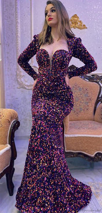 Sexy Sparkly Long Sleeves Square Neck Mermaid Long Prom Dress, PD3305