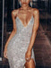 Sexy Sparkly Silver Spaghetti Strap V-neck Side-slit Midi Mermaid Prom Dress, PD3120