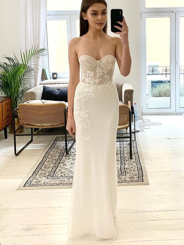Sexy Strapless Sweetheart Illusion Lace Mermaid Long Summer Wedding Dress, WD3033