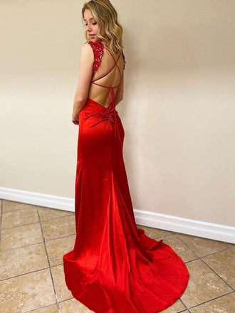 Sexy V-neck Red Sleeveless Mermaid Open-back Side-slit Long Prom Dress, PD3191