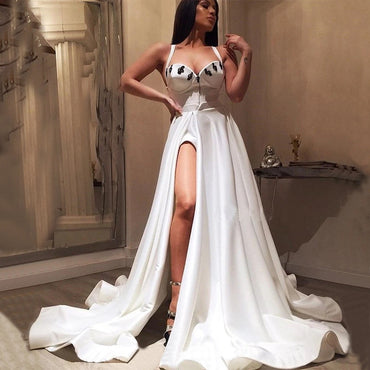 Sexy White Spaghetti Straps Side-slit A-line Long Prom Dress, PD2344
