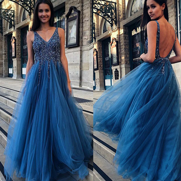 Shininng Sequins V-neck A-line Sexy Open Back Tulle Prom Dress, PD3084