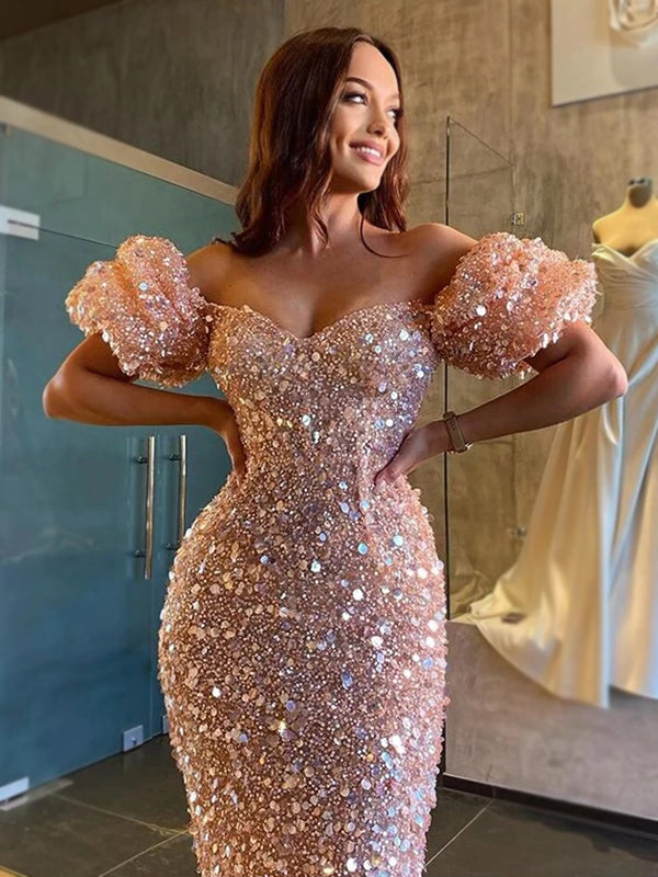 Shiny Pink Off-shoulder Sweetheart Sexy Mermaid Long Prom Dress, PD3491