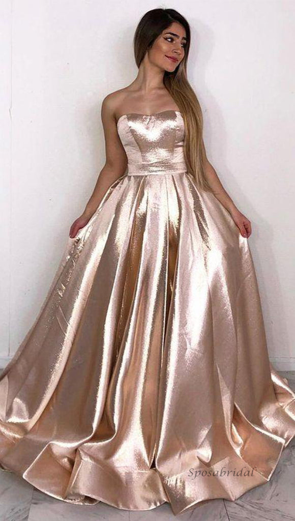 Shiny Rose Gold Sweetheart Strapless A-line Long Prom Dress, PD3393