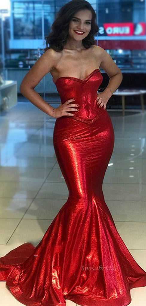 Shiny Sexy Red Strapless Tight Sweetheart Mermaid Long Prom Dress, PD3443