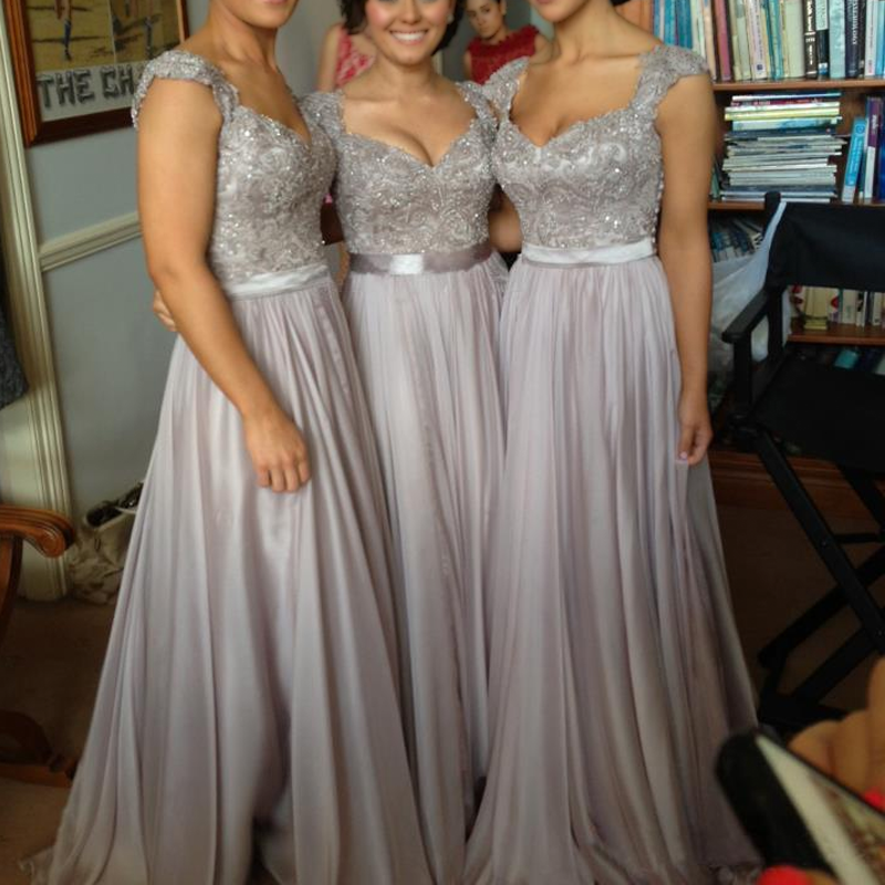 Sparkly Lace Top Dusty Pink Cap-sleeve V-neck A-line Tulle Bridesmaid Dress, BD3064