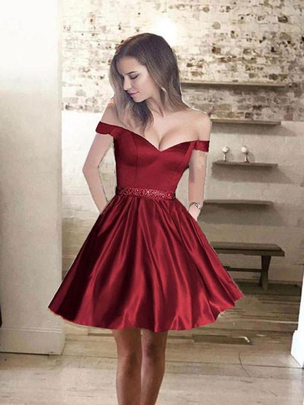 Simple Off Shoulder Red Short Cheap Homecoming Dresses 2018, CM431