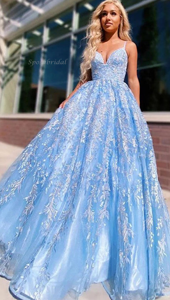 Sky Blue Spaghetti Straps Sweetheart Floral Lace A-line Long Prom Dress, PD2355