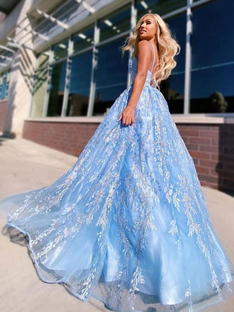 Sky Blue Spaghetti Straps Sweetheart Floral Lace A-line Long Prom Dress, PD2355
