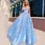 Sky Blue Spaghetti Straps Sweetheart Floral Lace A-line Long Prom Dress, PD2355