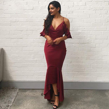 Smoothy Halter Burgundy Mermaid Asymetric Tea-length Bridesmaid Dress, BD3141