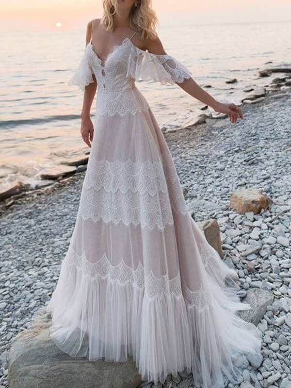 Spaghetti Strap Lace Off-shoulder Blush Open Back A-line Long Wedding Dress, WD3036