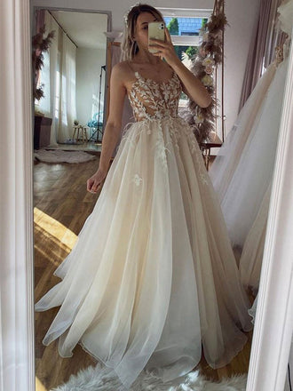 Spaghetti Straps Cream Lace Top Simple A-line Beach Wedding Dress, WD3081