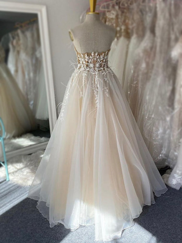 Spaghetti Straps Cream Lace Top Simple A-line Beach Wedding Dress, WD3081
