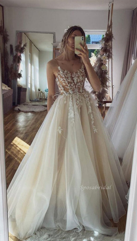 Spaghetti Straps Cream Lace Top Simple A-line Beach Wedding Dress, WD3081