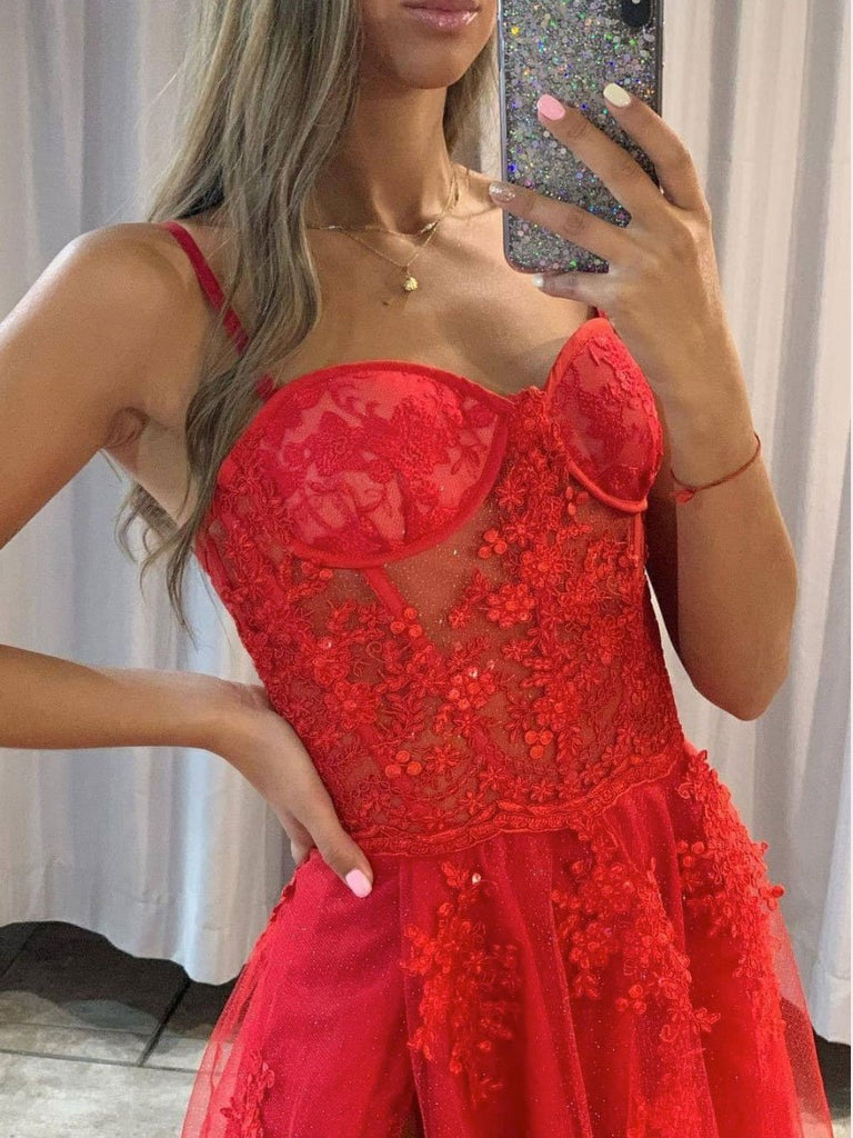 Sparkling Sexy Red Spaghetti Straps Sweetheart Lace Top Side-slit A-line Long Prom Dress, PD3259