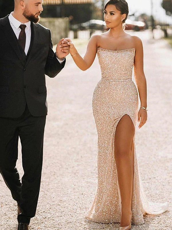 Sparkling Sexy Strapless Beading Mermaid Long Side-slit Prom Dress, PD3520