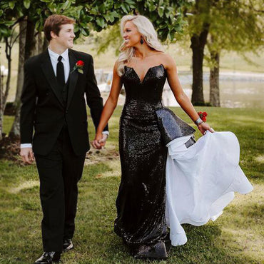 Sparkly Black V-neck Mermaid Long White Added Pleats Prom Dress, PD3215