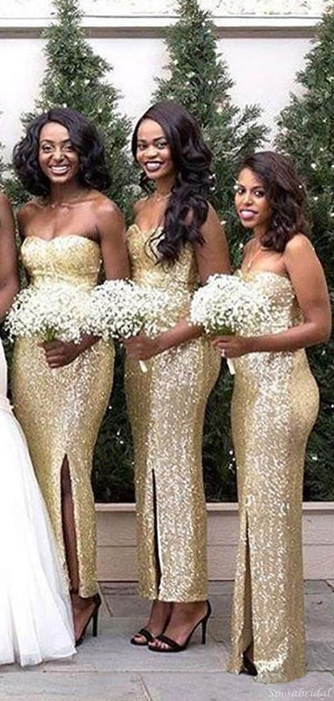 Sparkly Gold Strapless Sweetheart Side-slit Mermaid Bridesmaid Dresses, BD3144
