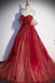 Sparkly Red Unique Off-shoulder Modest Sweetheart A-line Long Prom Dresses, PD3455