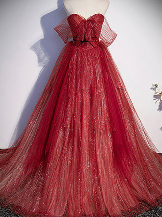 Sparkly Red Unique Off-shoulder Modest Sweetheart A-line Long Prom Dresses, PD3455