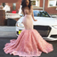 Sparkly Sequin Illusion Top Pink Mermaid Rose Trailing Prom Dress, PD3101