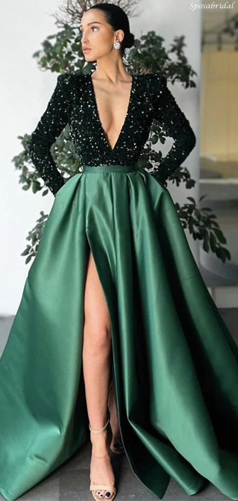 Sparkly V-neck Emerald Green Long Sleeves Side-slit A-line Prom Dress, PD3301