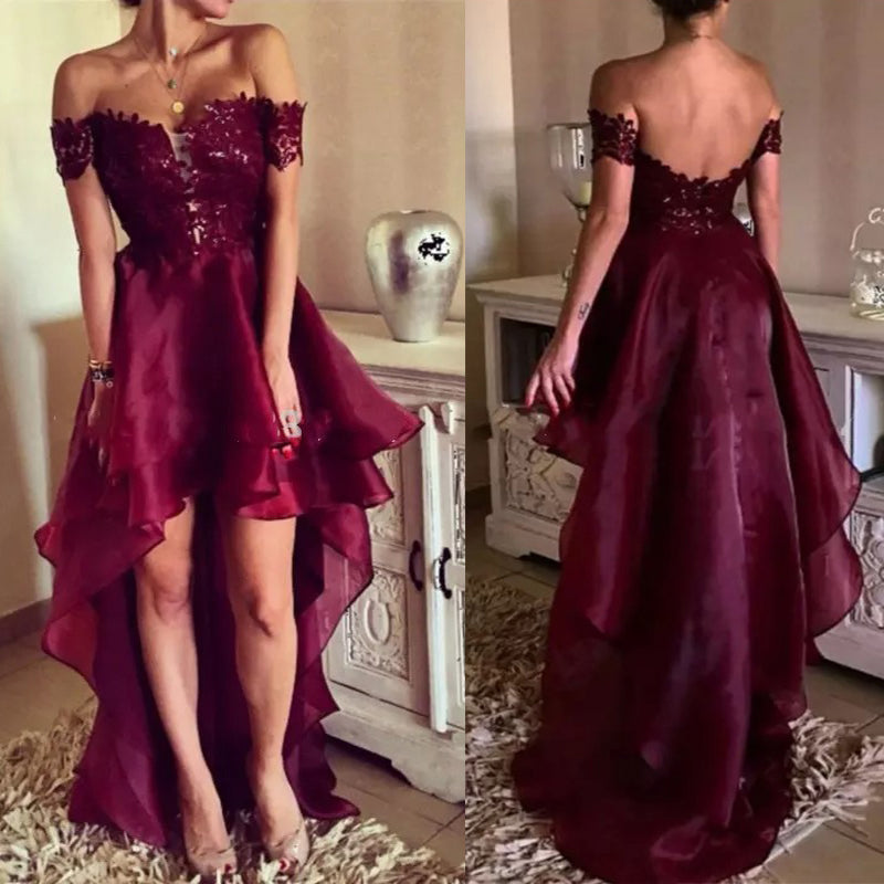 High-low Prom Dress,Asymmetrical Prom Dresses, Appliques Lace Backless Prom Dresses , PD0773