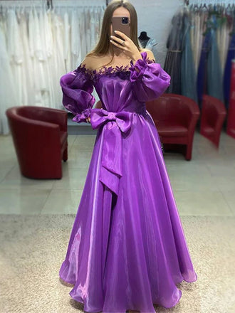 Purple Off-shoulder Long-sleeves A-line Laser Chiffon With Bow Tie Prom Dress, PD3349