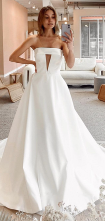 Straight-across Illusion V-neck A-line Long Wedding Dress, WD3023