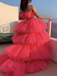 Sexy Tulle Ruffle Pink High-low Long Prom Party Dress, PD3097