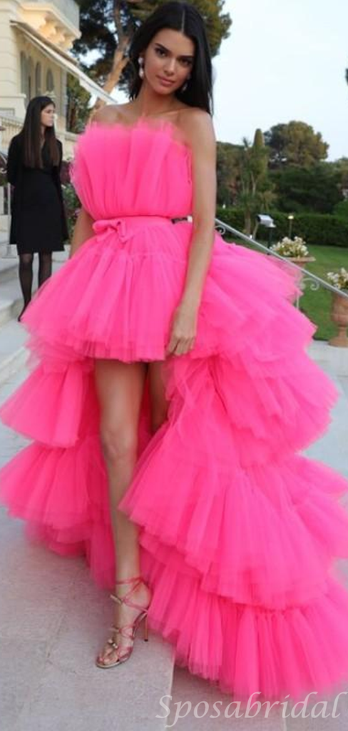 Sexy Tulle Ruffle Pink High-low Long Prom Party Dress, PD3097