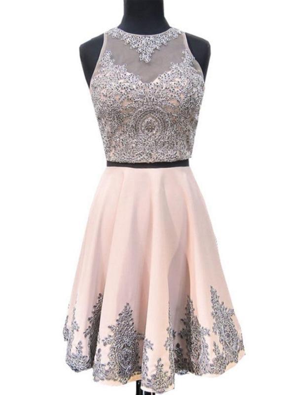 2 Pieces Halter Dusty Pink Short Cheap Homecoming Dresses 2018, CM421 - SposaBridal