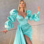 Unique Long Bubble Sleeves Turquoise Side-slit Sweetheart Mermaid Prom Dress, PD3233