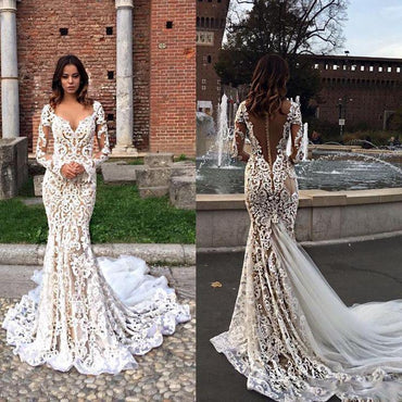 Luxury Long Sleeves Lace Elegant Mermaid Wedding Dresses, Bridal Dress, PD0603